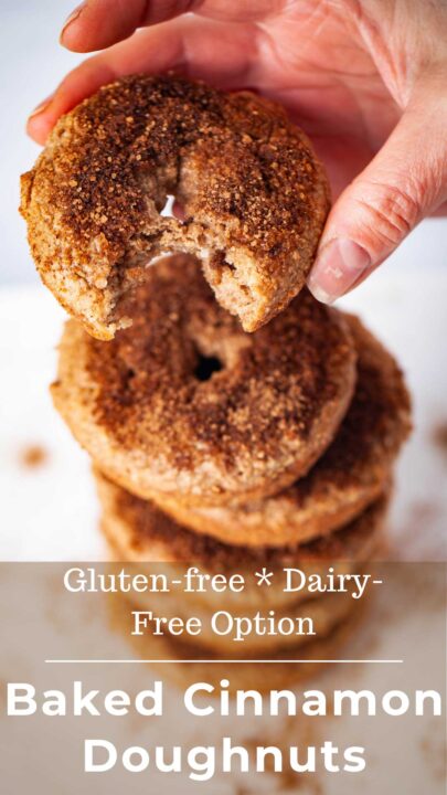 Gluten-free with dairy-free option baked cinnamon doughnuts.