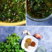 Chimichurri ingredients displayed on a table and then made as a green sauce in a bowl.