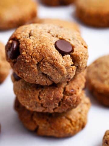 Stacked chocolate chips peanut butter date cookies.