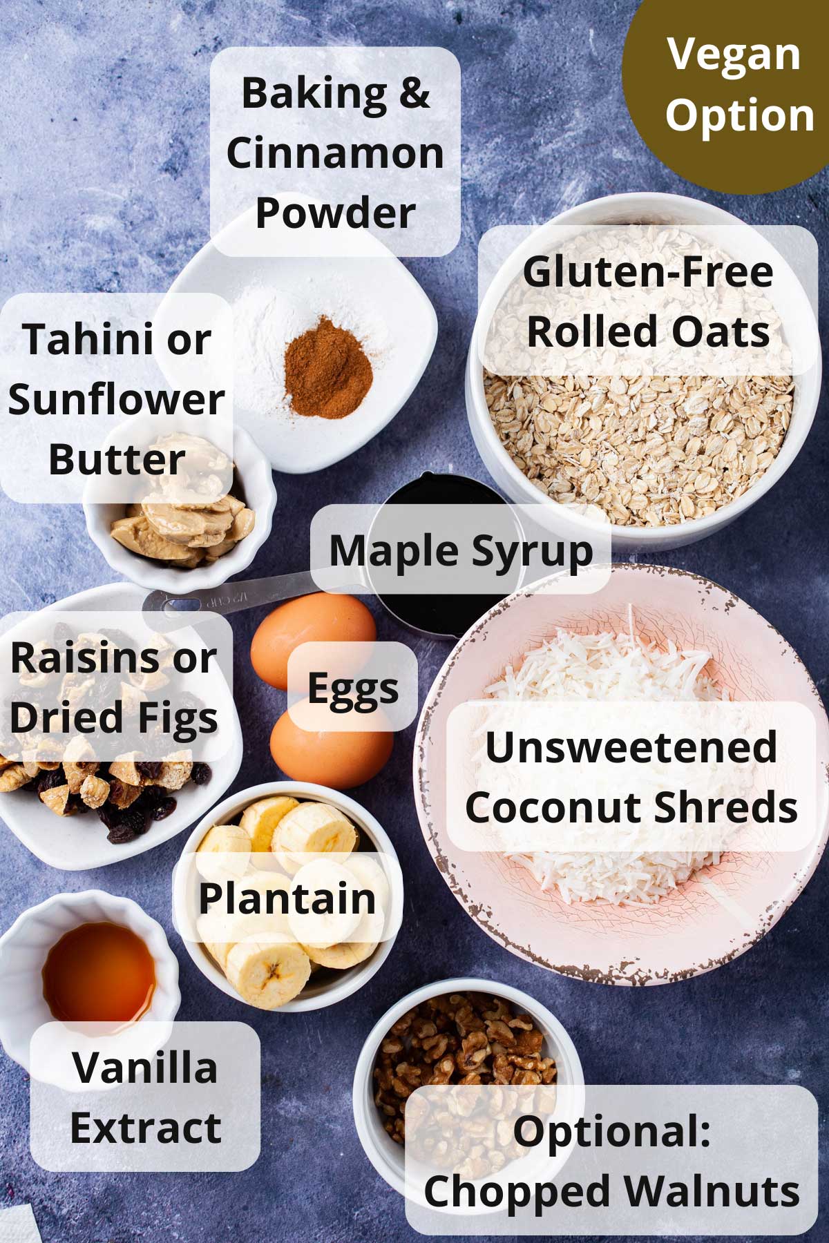 Gluten-free oats, coconut shreds, chopped walnuts, chopped plantain, two eggs, tahini butter, dried fruits, molasses, and vanilla extract displayed on a table.