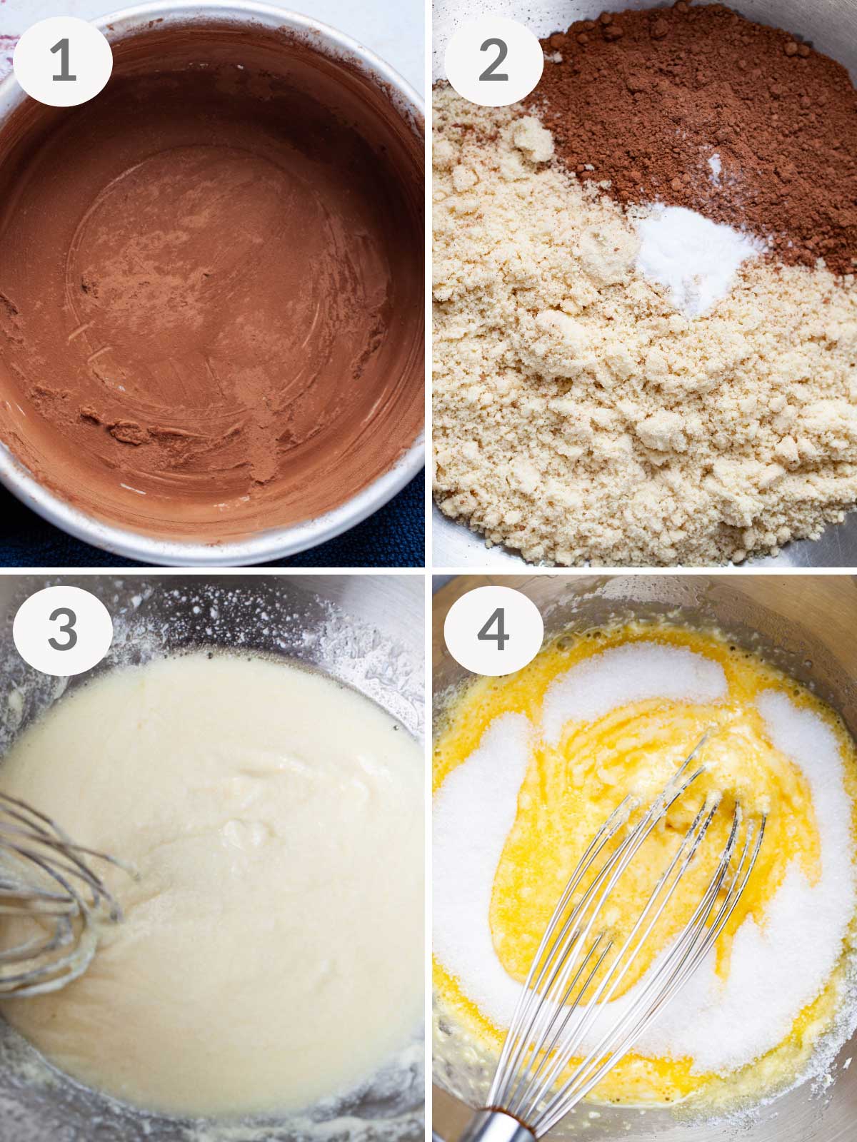 A series of steps showing how to prepare for making an almond flour Keto cake.