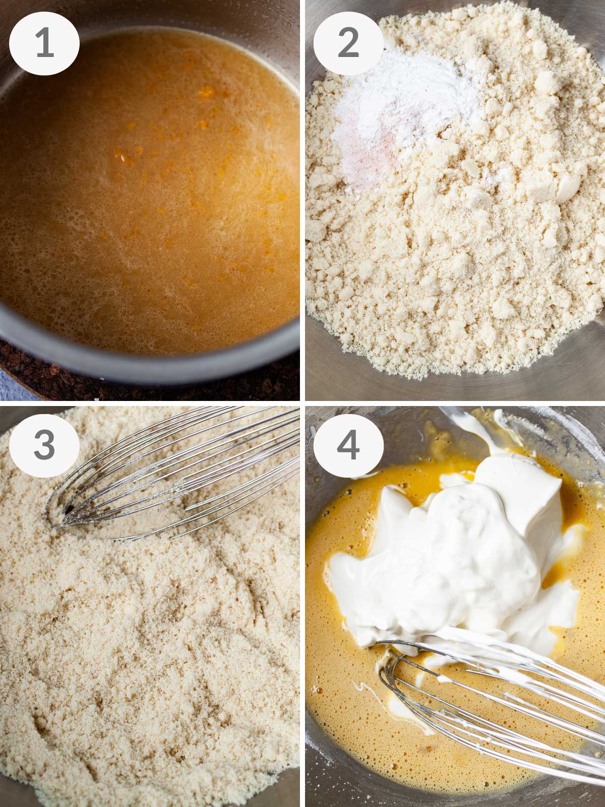 A series of steps showing how to make an orange flavored almond flour cake.