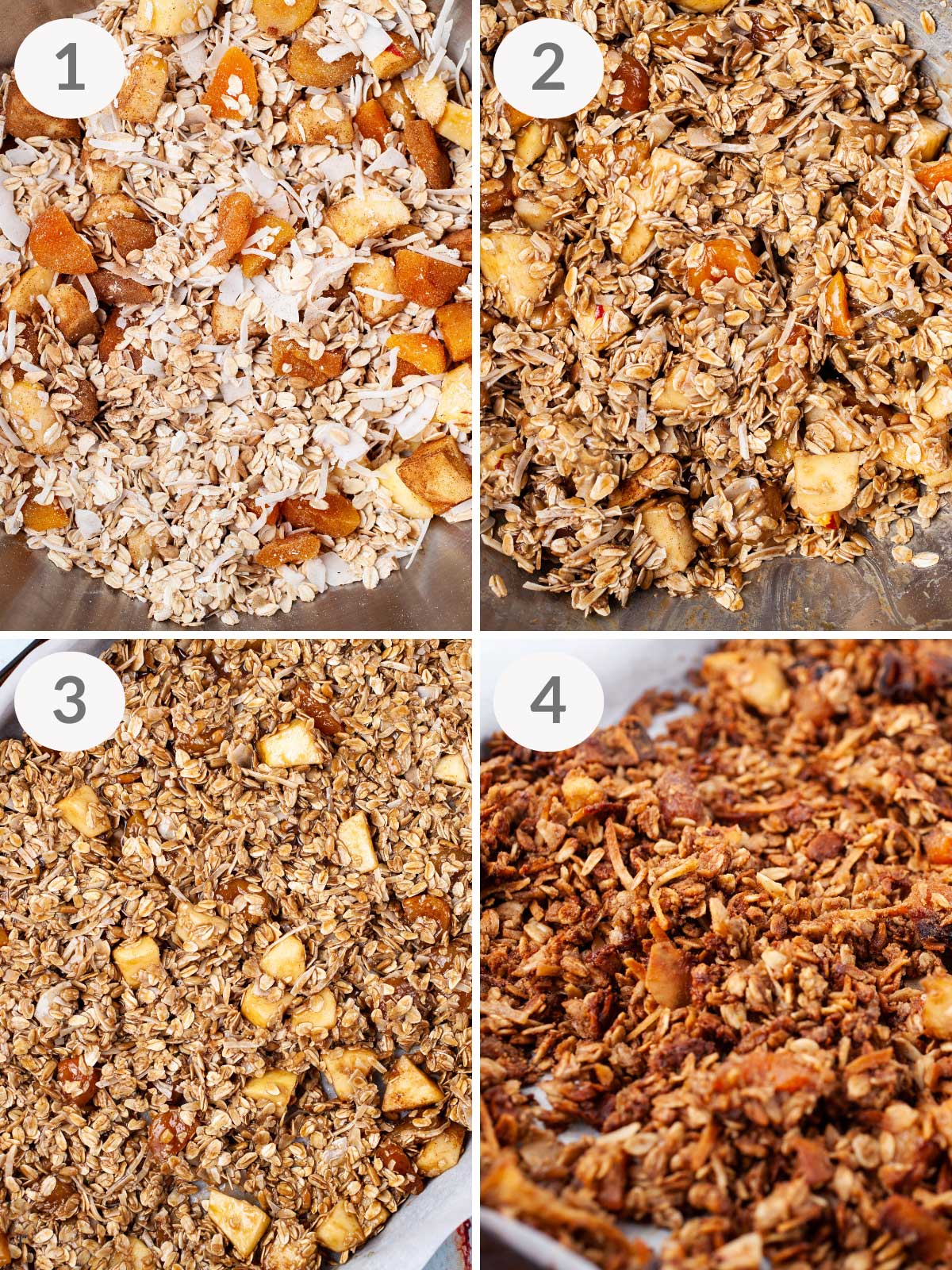 Steps showing how to make crunchy, nut-free granola.