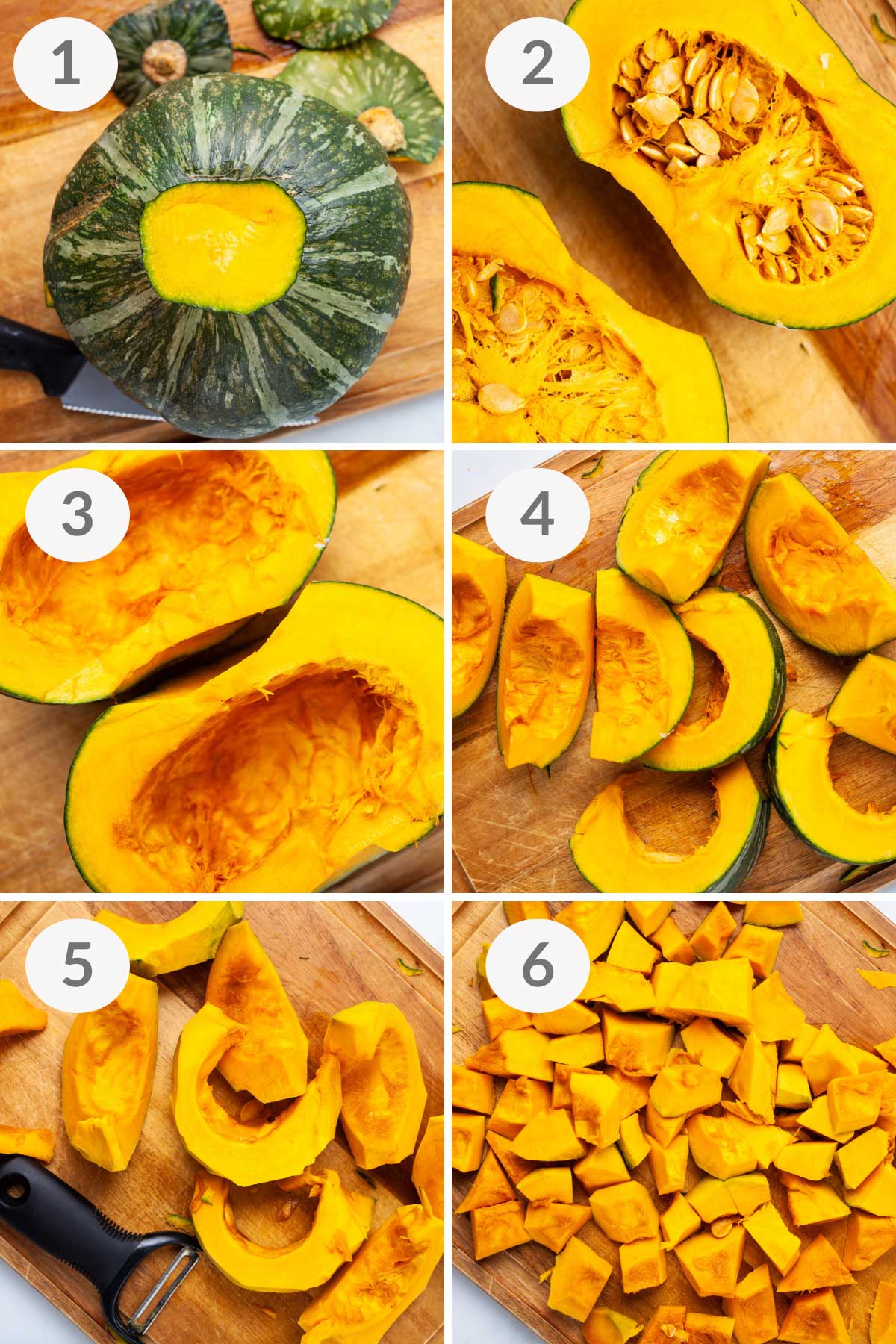 Six steps showing how to cut a Kabocha squash.