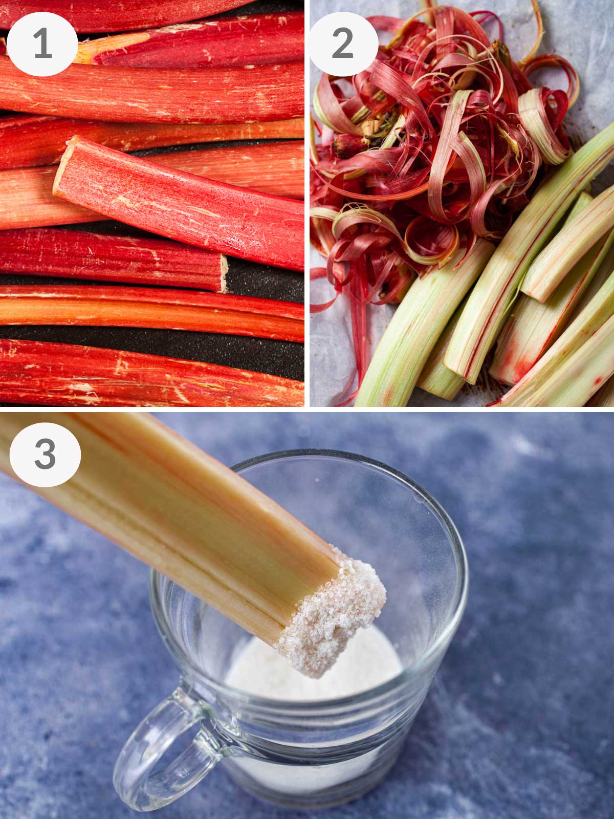 Steps showing how to eat peeled rhubarb stalks raw.