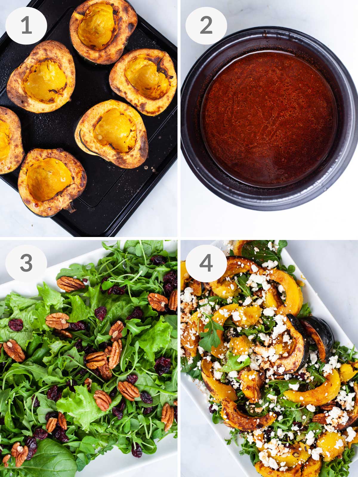 Steps showing how to make air fryer acorn squash salad.