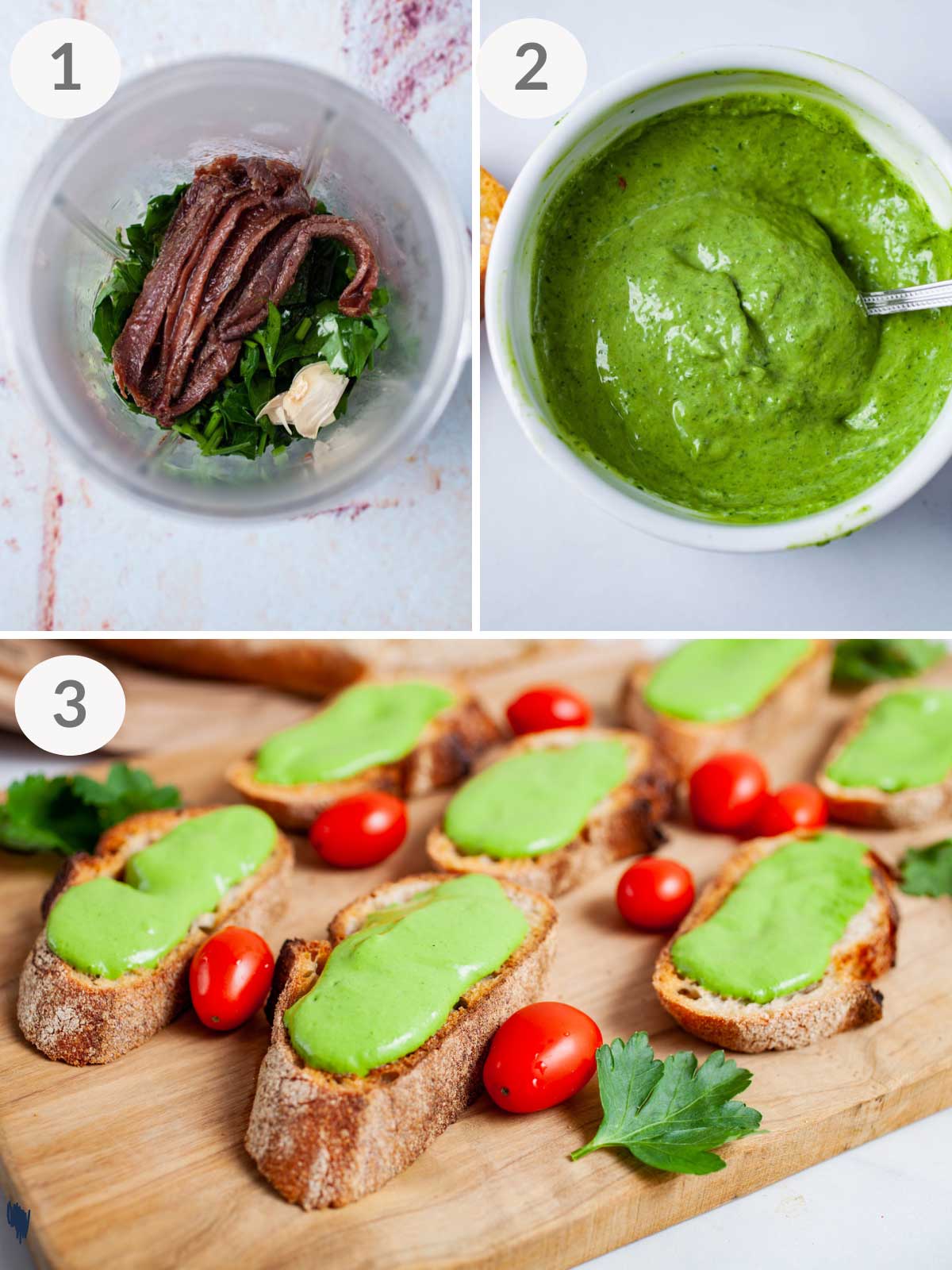 Steps to make anchovy crostini.