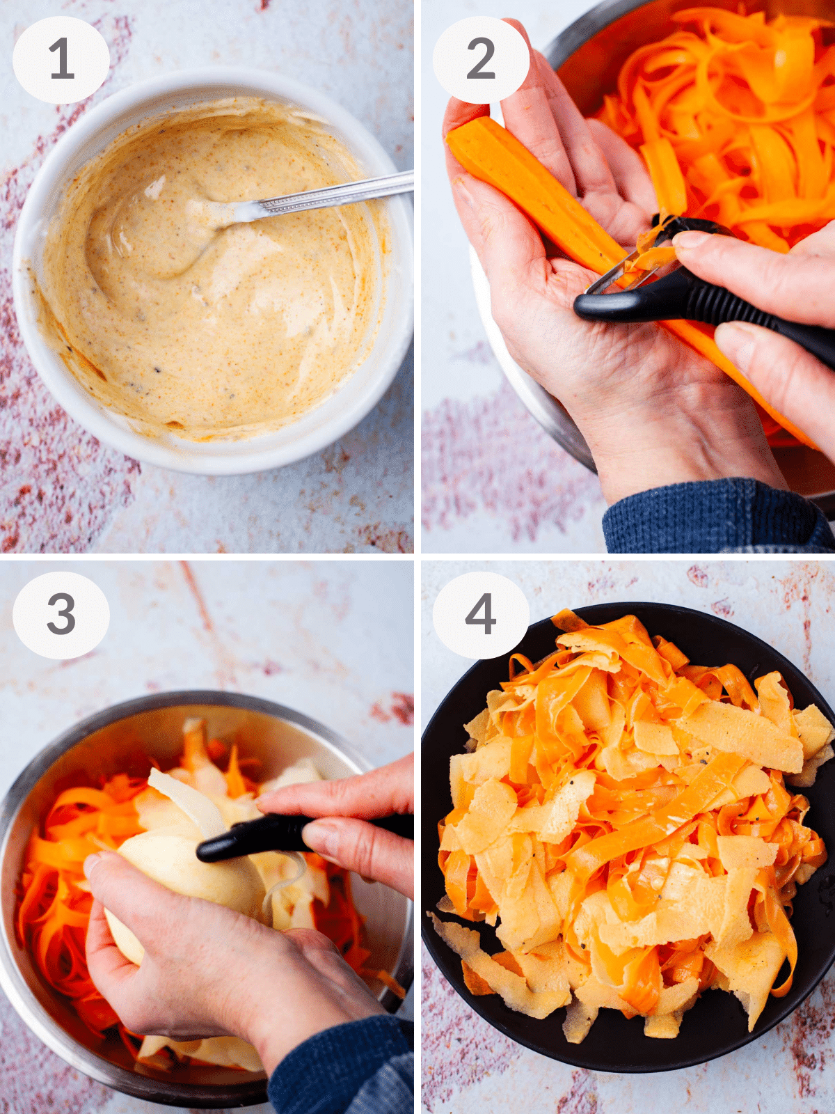 Steps how to make an apple carrot salad with dressing.