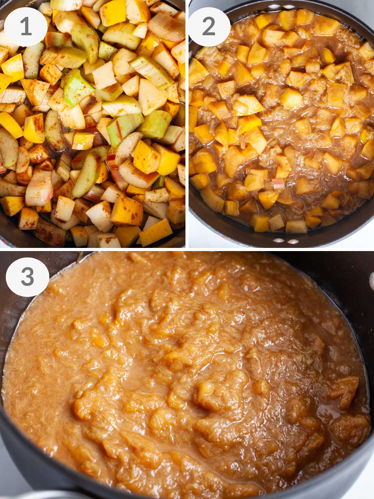 Steps showing how to make apple rhubarb compote.