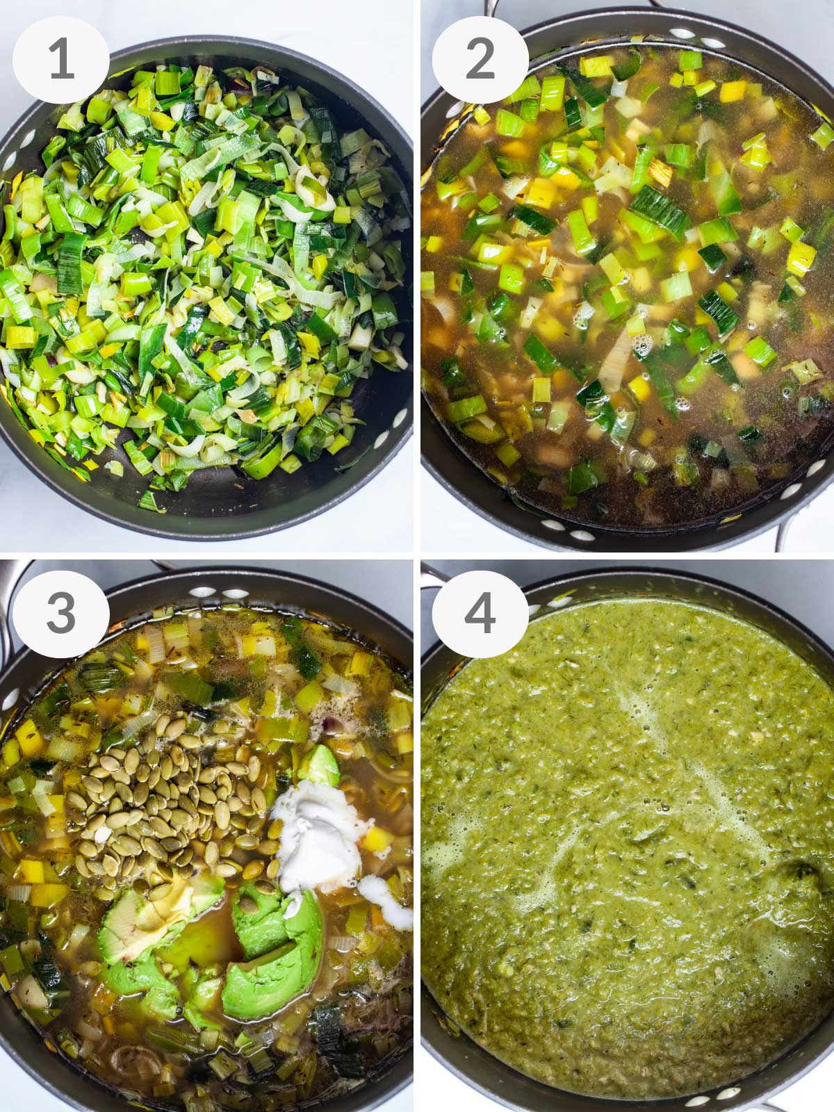 Steps showing how to make avocado leek soup.