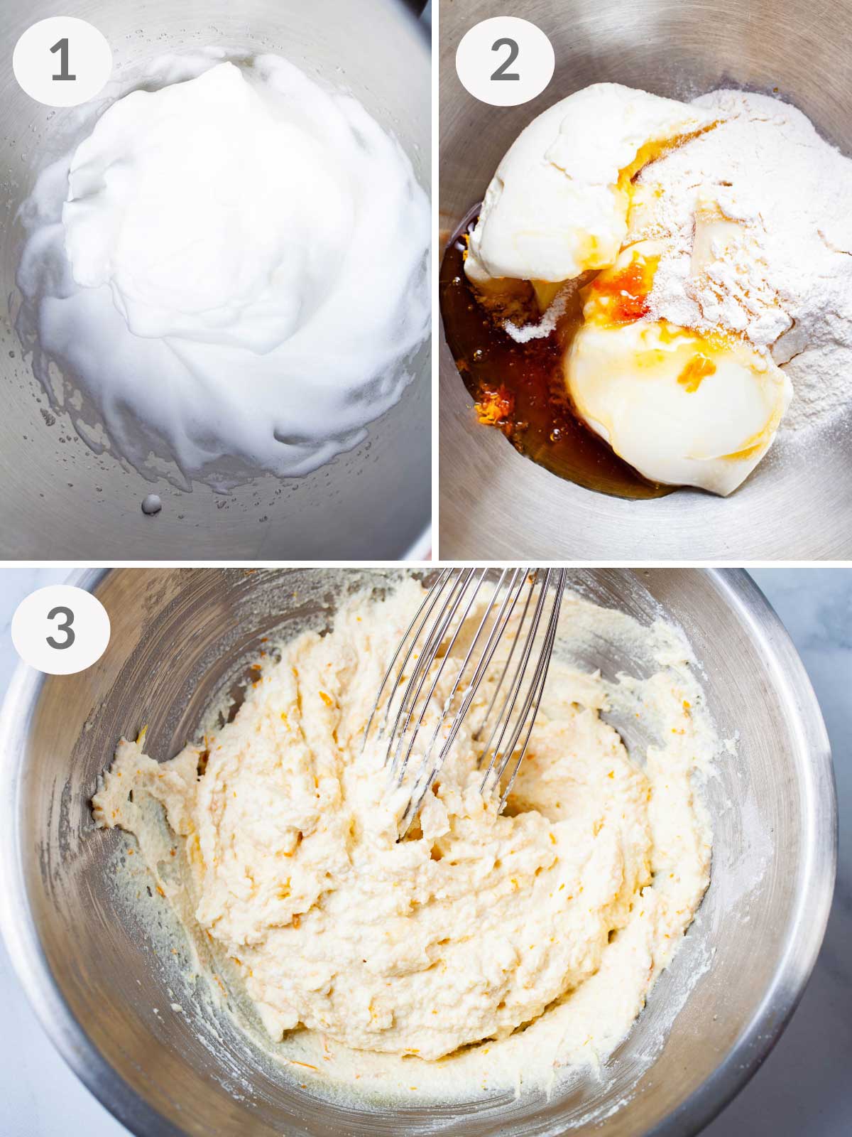 A series of first steps to make ricotta filling for a pie.