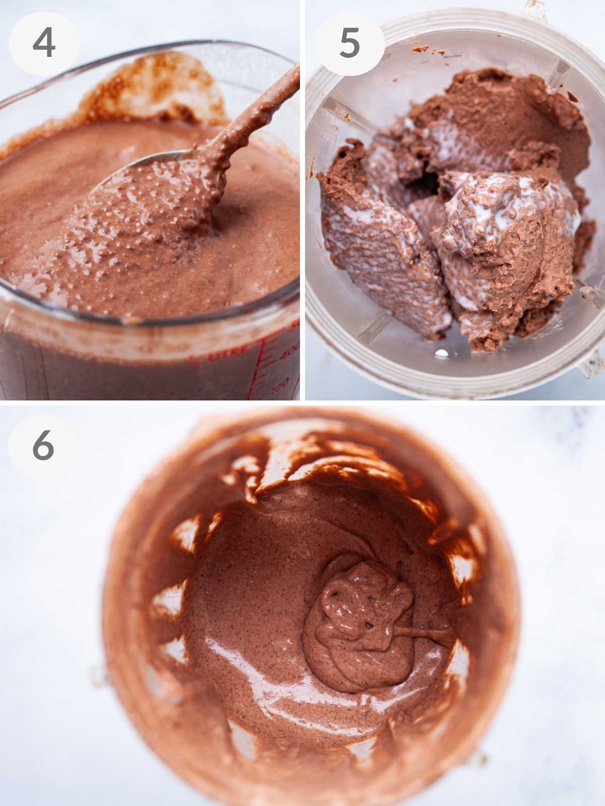 A series of last steps to make a blended chocolate chia mousse.