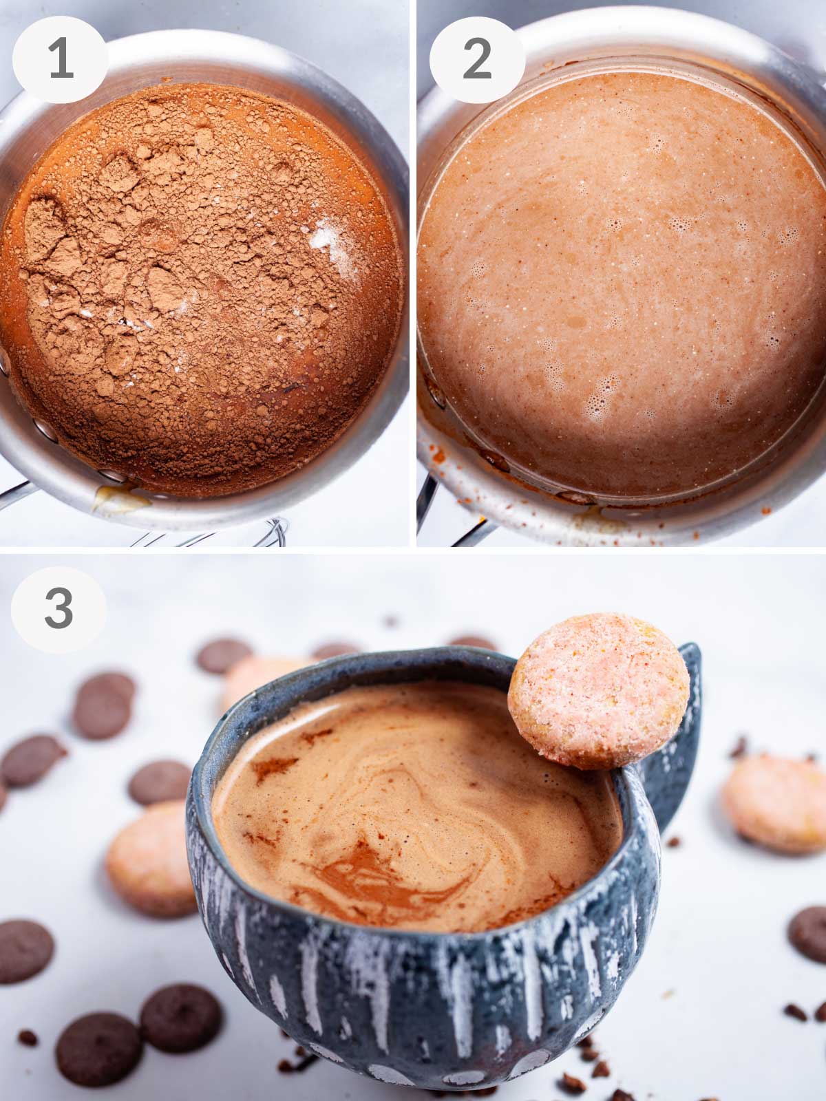 Steps showing how to make a bone broth hot cocoa.