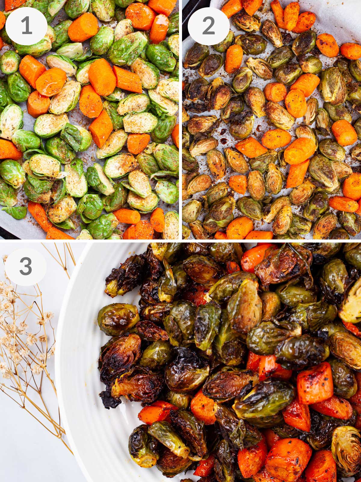 Steps showing how to roast Brussels sprouts with carrots.