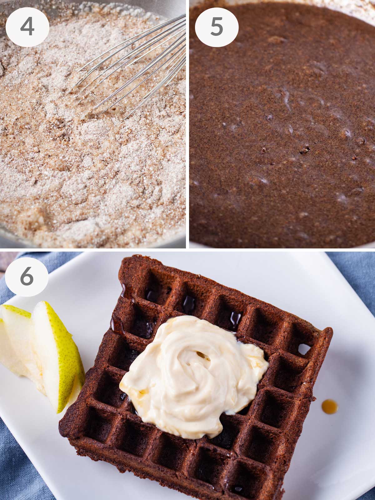 A series of last steps to make buckwheat waffles.