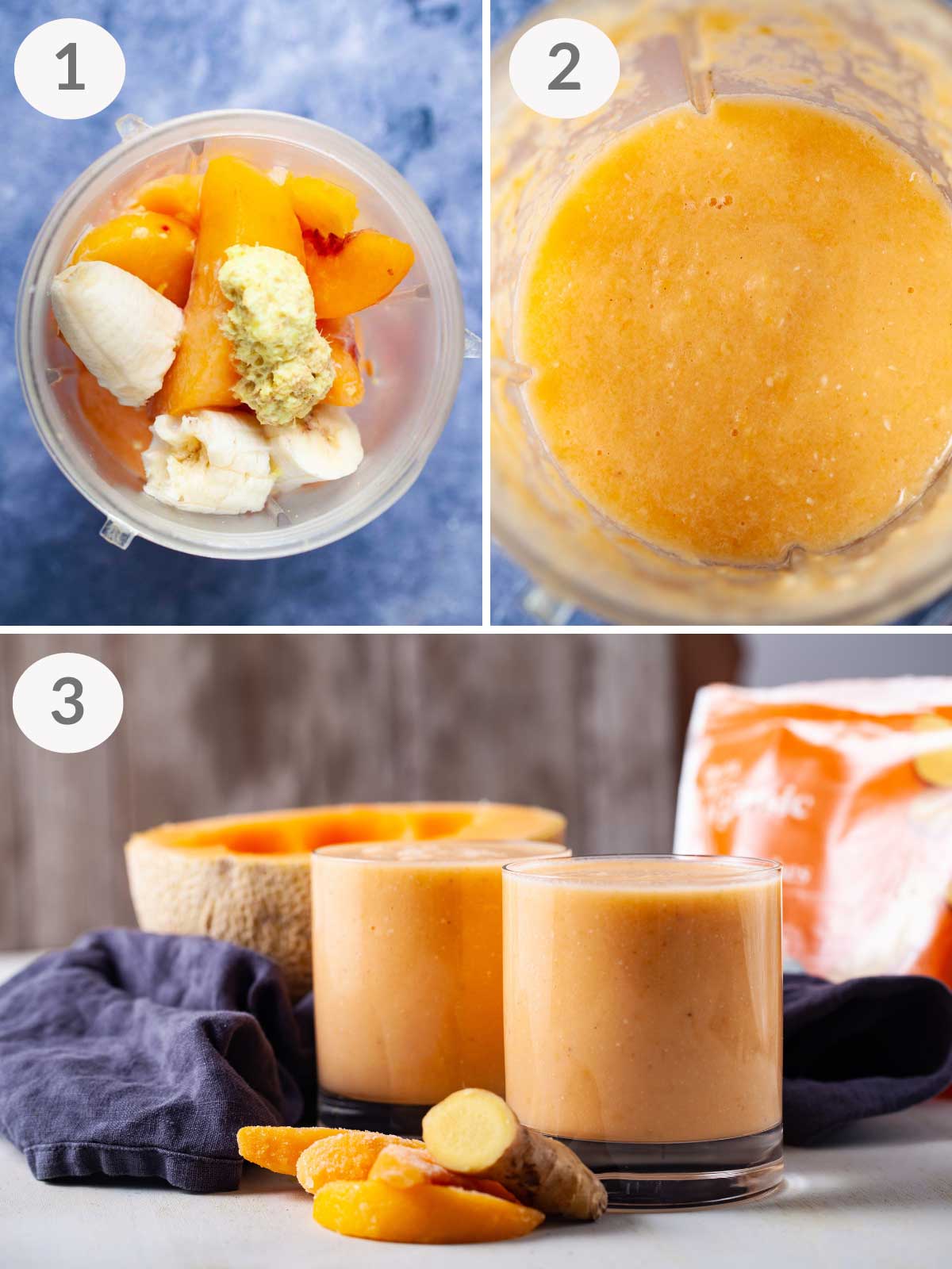 A series of steps showing how to make a cantaloupe melon smoothie.