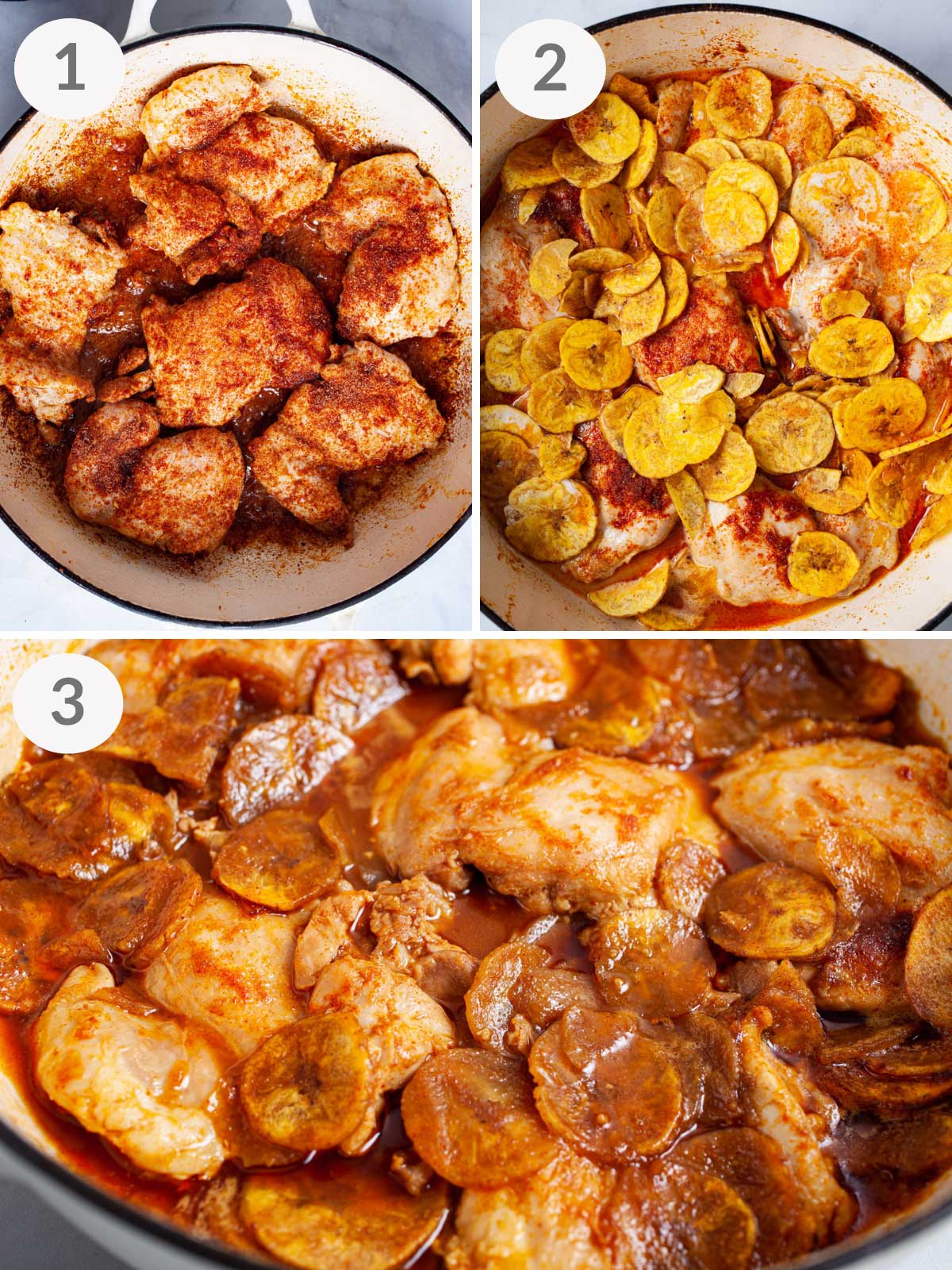 Steps showing how to make a Paleo chicken thighs recipe with plantains.