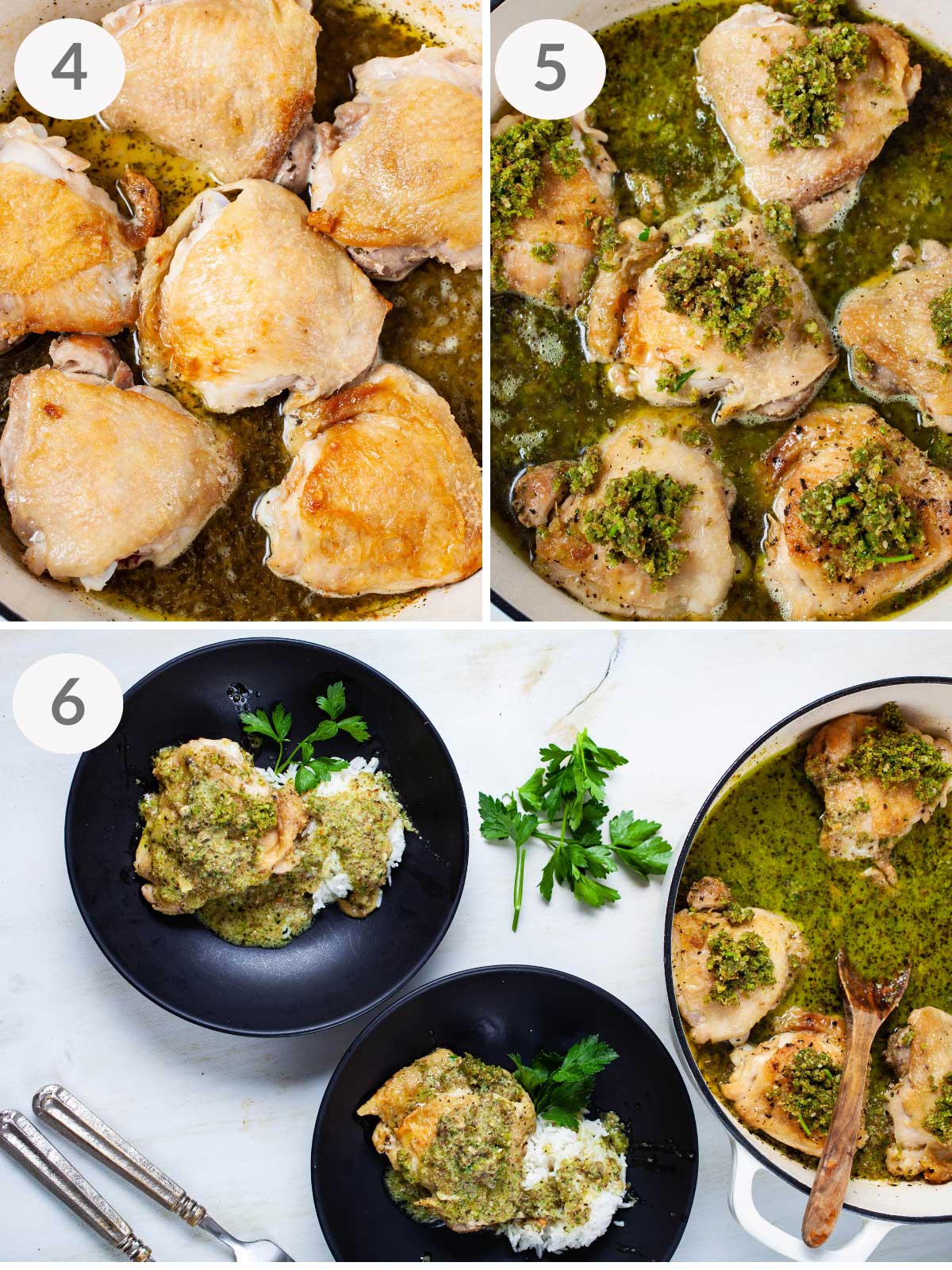 A series of final steps to make pesto chicken thighs.