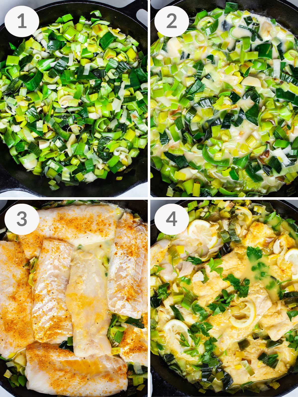 Steps showing how to make a creamy cod and leek dinner dish.