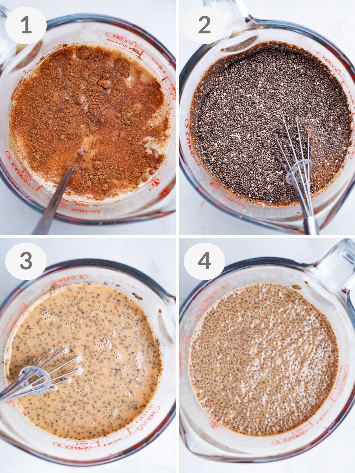 A series of steps showing how to make coffee chia pudding.