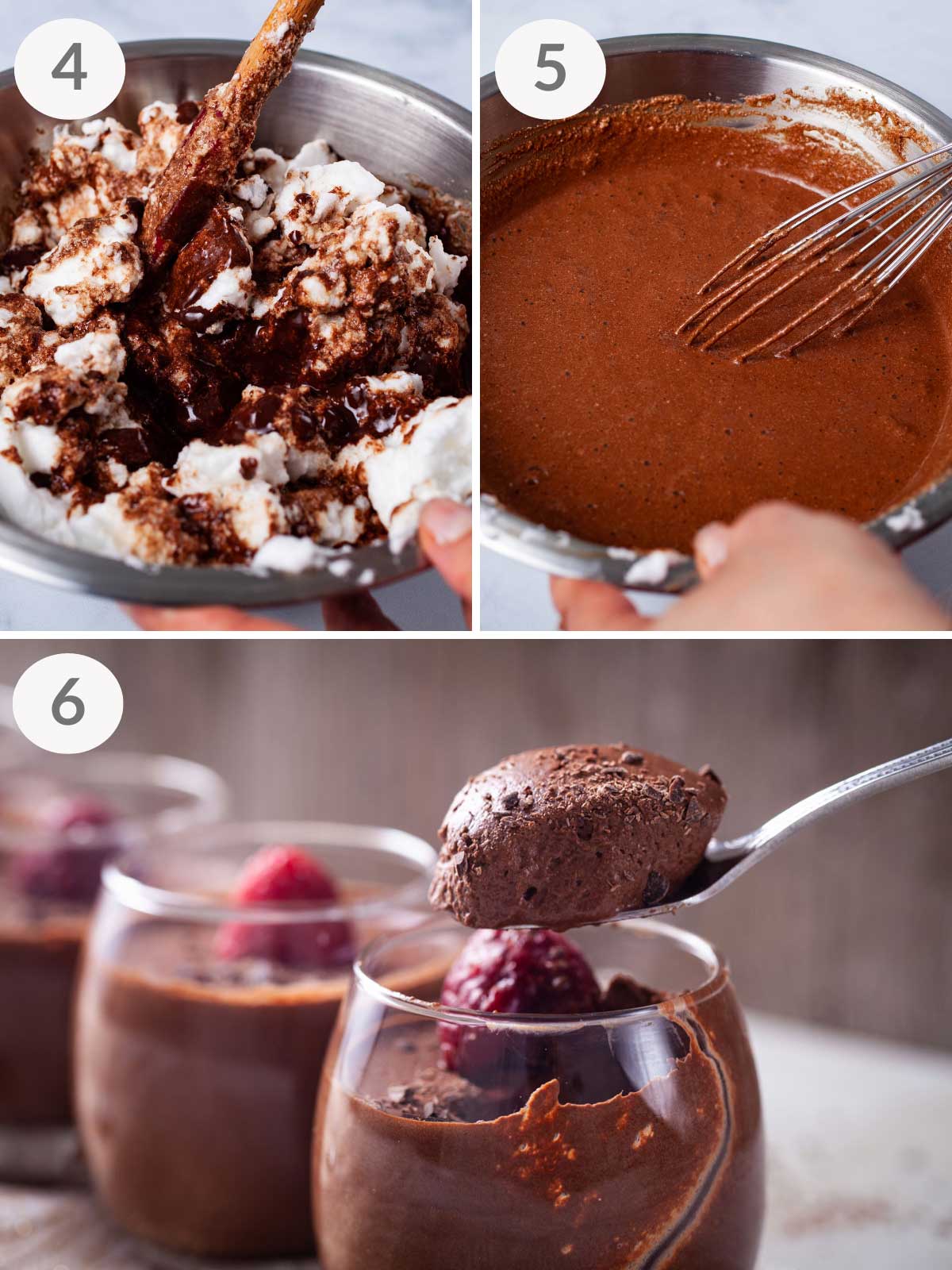 A series of final steps to make coffee chocolate mousse.