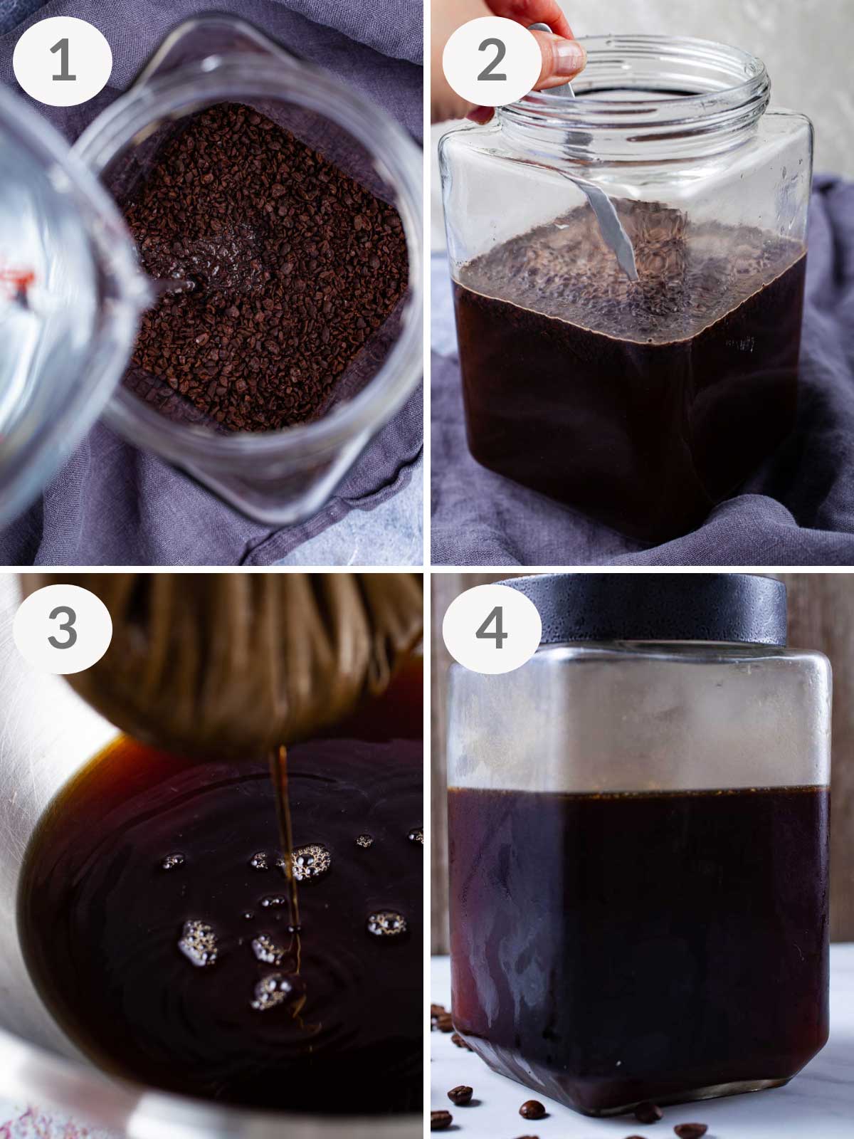 Steps demonstrating how to make cold brew coffee.