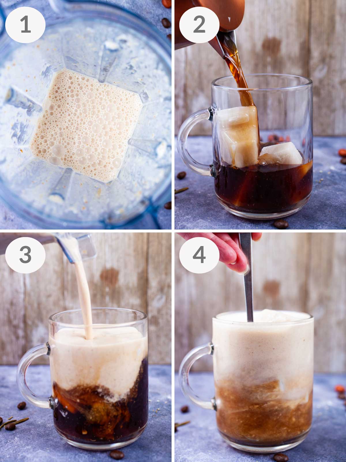A series of steps showing how to make a cold brew latte with natural caramel flavors.