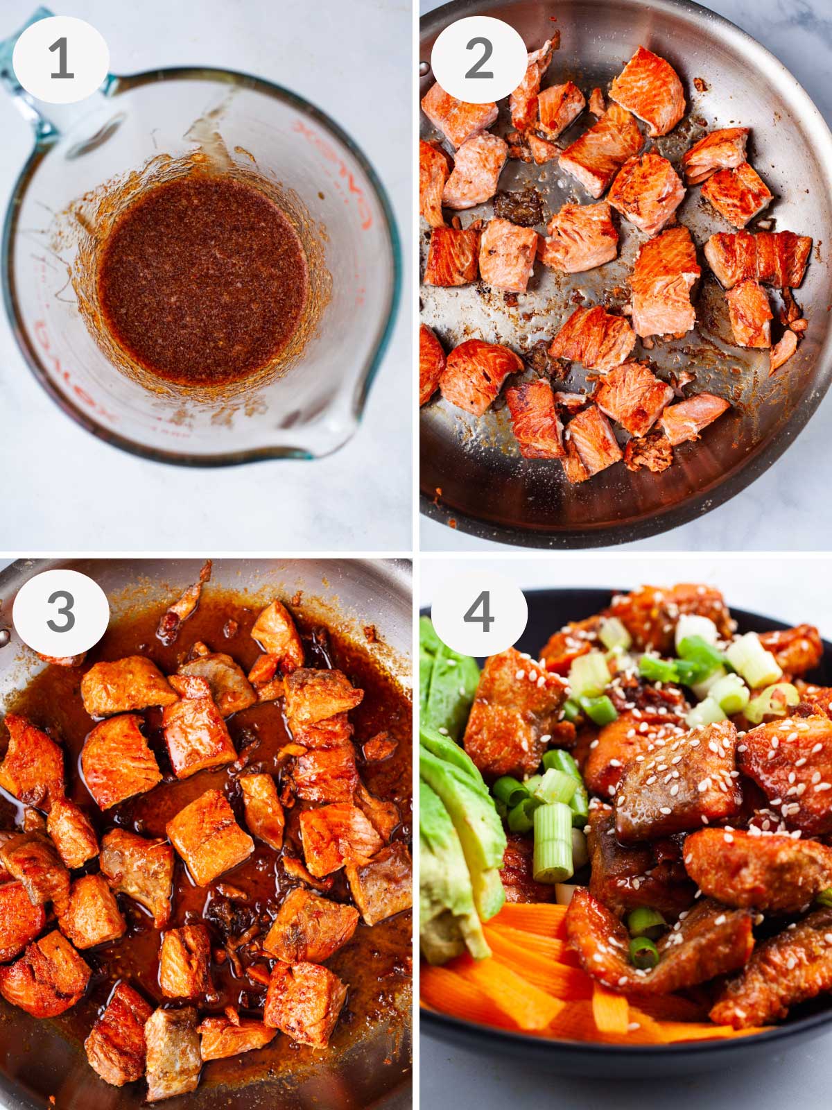 Steps showing how to make a cooked salmon poke bowl.