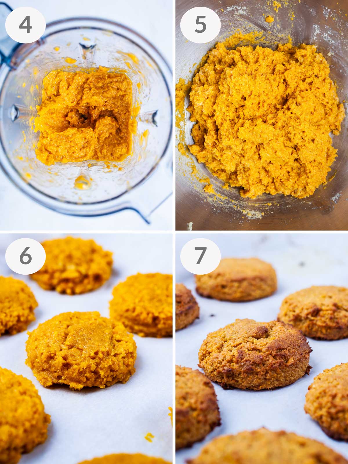 A series of steps showing how to prepare almond flour cookies with mangoes.