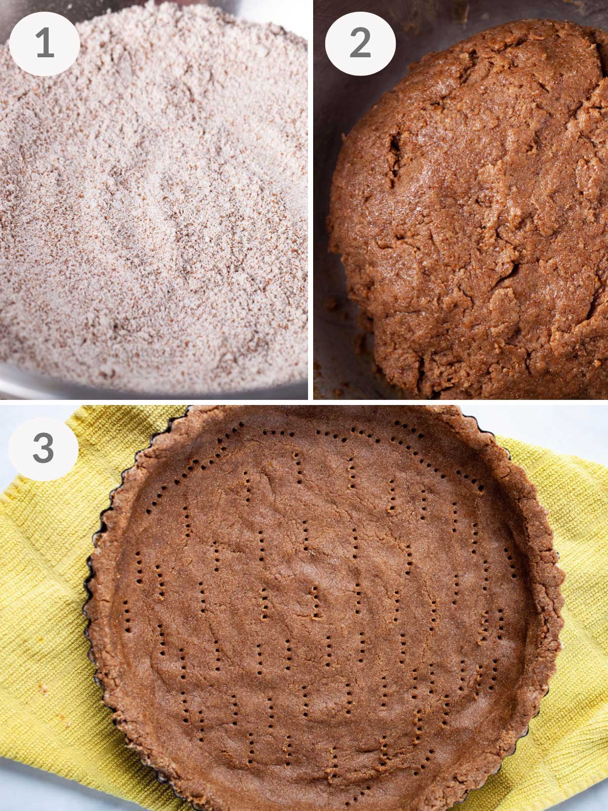 A series of first steps to make a gluten-free ricotta pie.