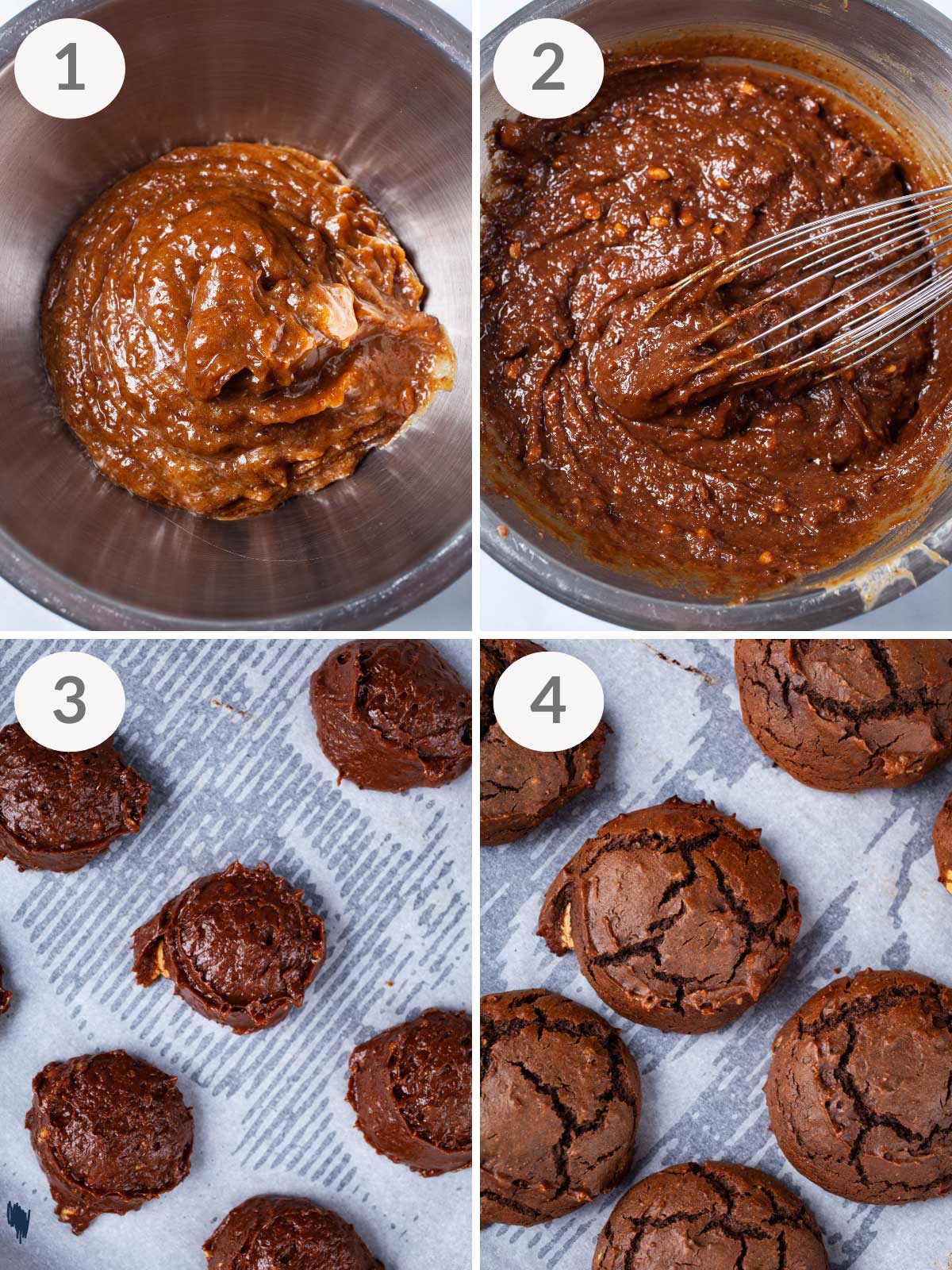 Steps showing how to make Paleo-friendly brownie peanut butter cookies.