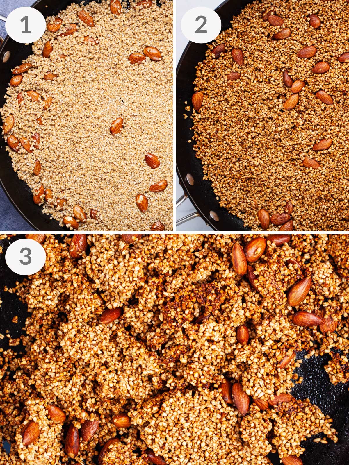 A series of steps showing how to toast steel-cut oats for granola on the stove.