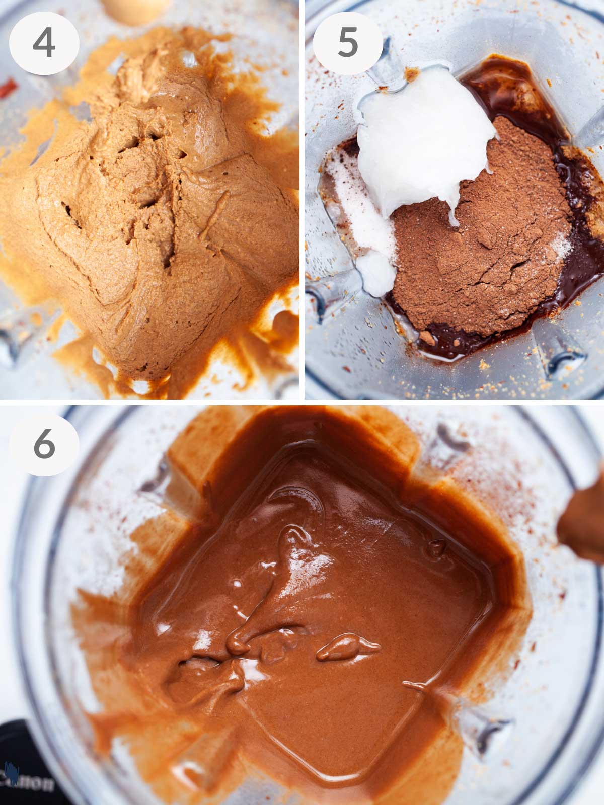 A series of steps showing how to make chocolate peanut butter spread in a blender.