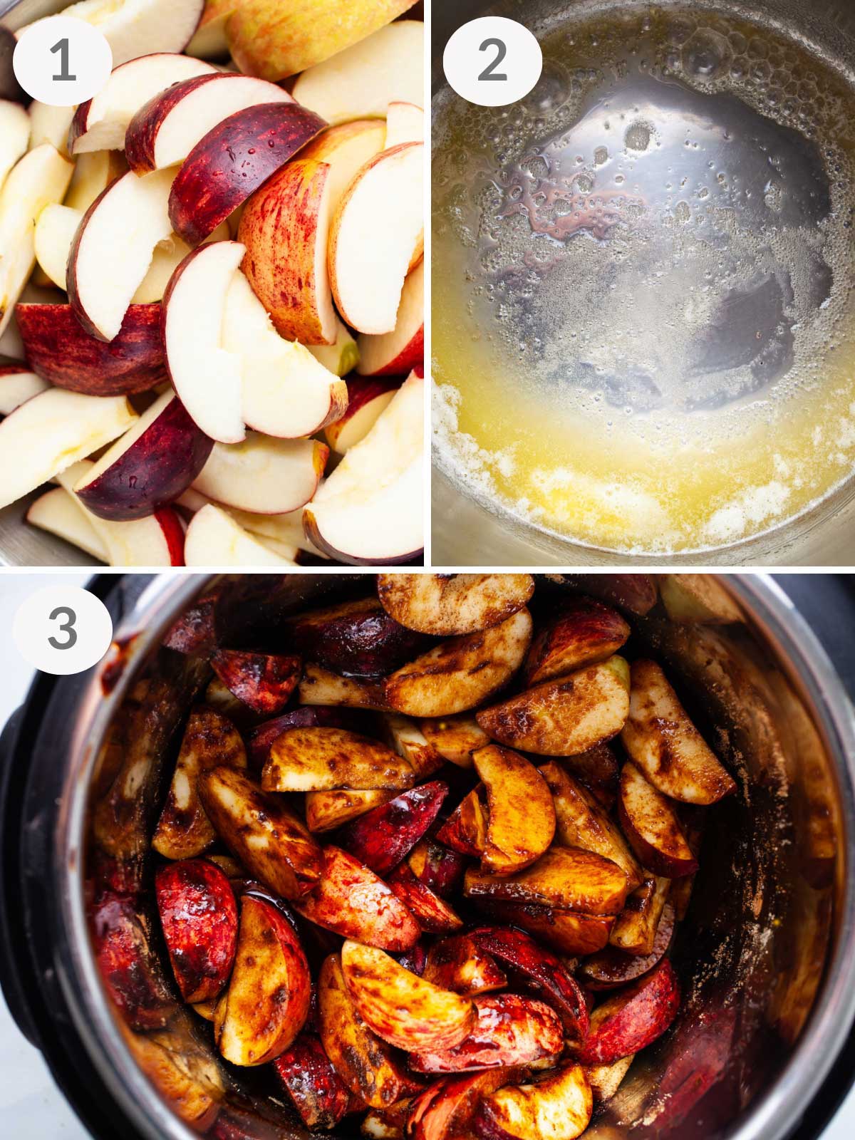 A series of initial steps showing how to make apple butter in an instant pot.