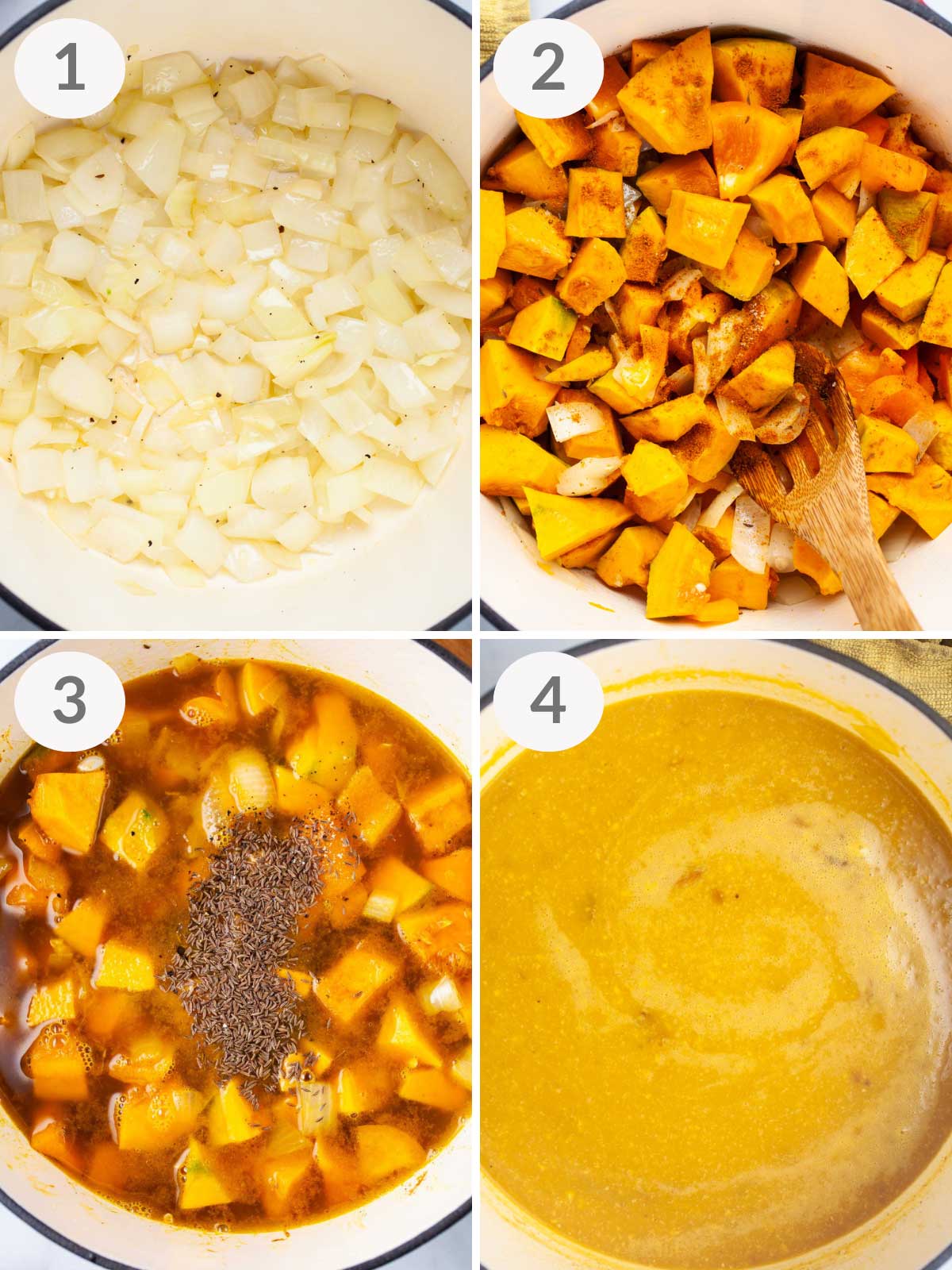 A series of steps showing how to make a Kabocha Soup.