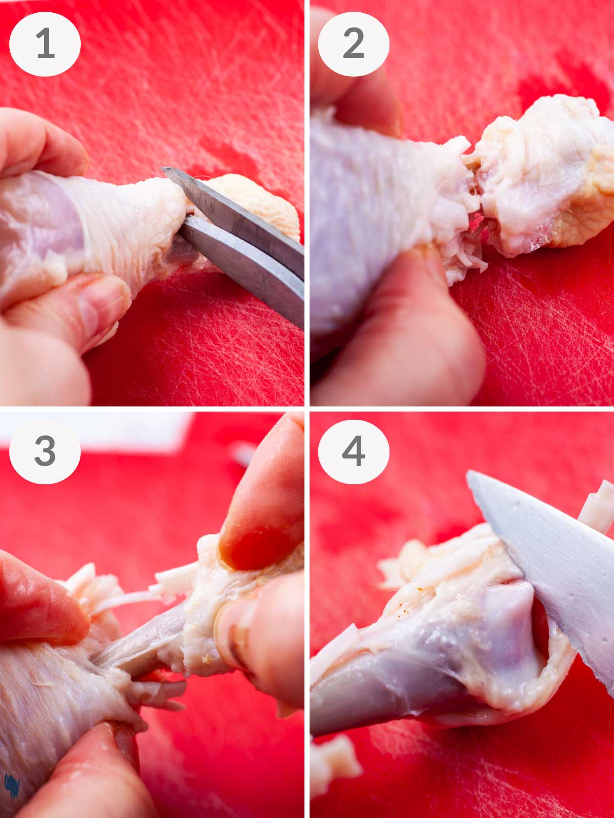 A series of first steps how to lollipop chicken drumsticks.