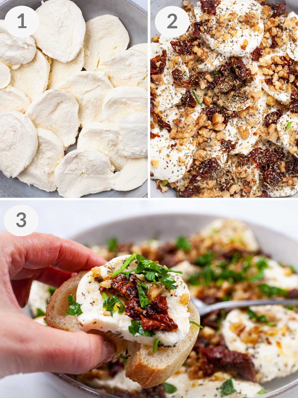 A series of steps showing how to make a mozzarella and dried tomatoes appetizer.