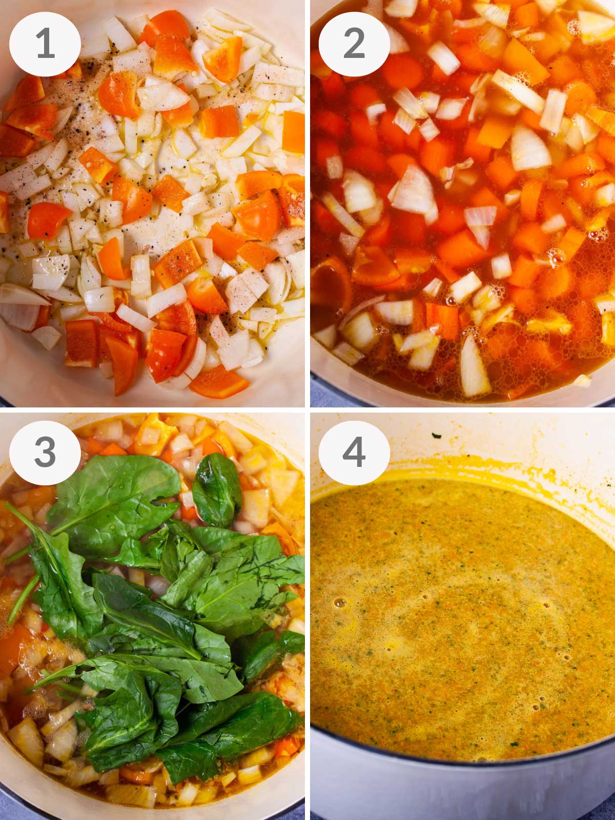 Steps showing how to make carrot orange soup.