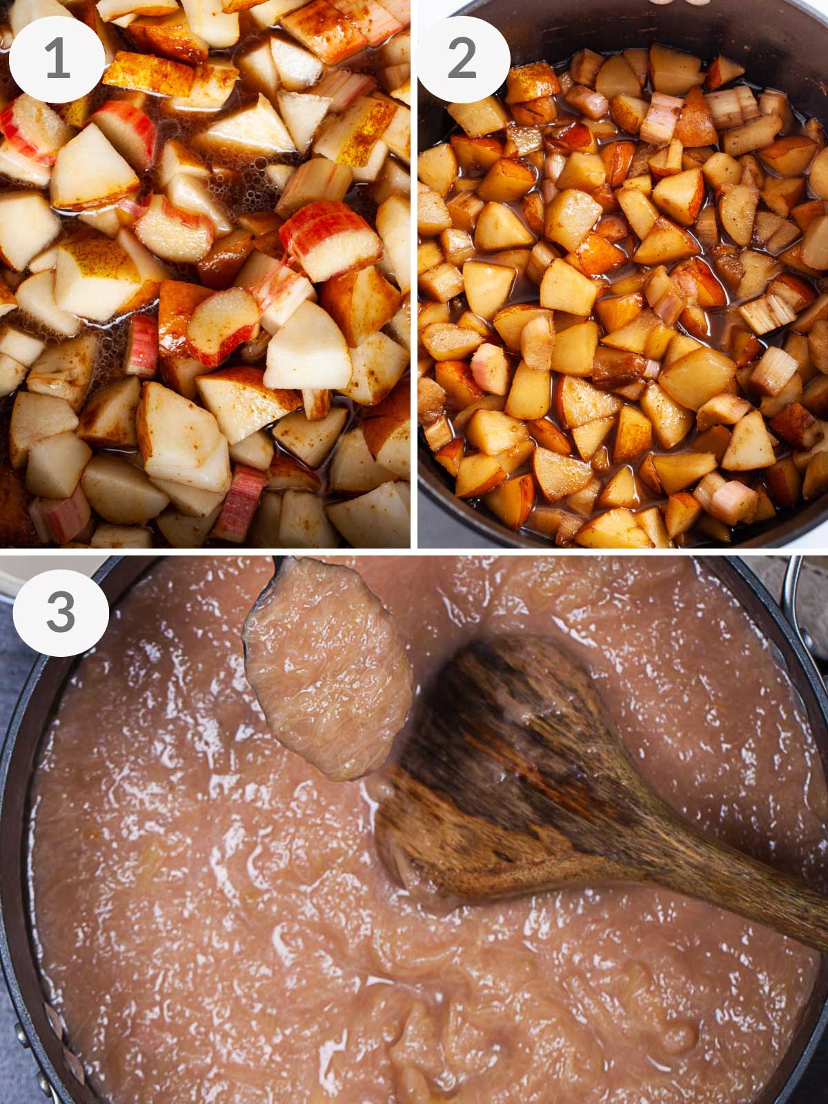 Steps showing how to make pear rhubarb compote.