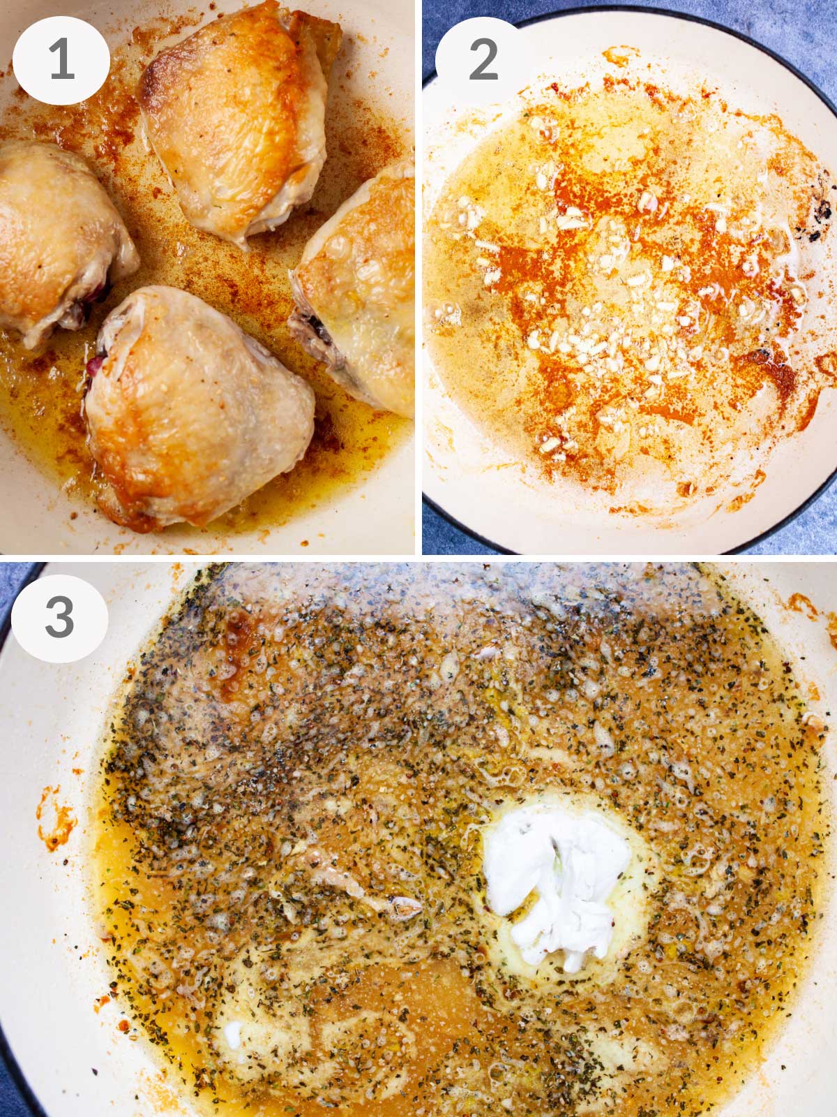 A series of first steps to make pesto chicken thighs.