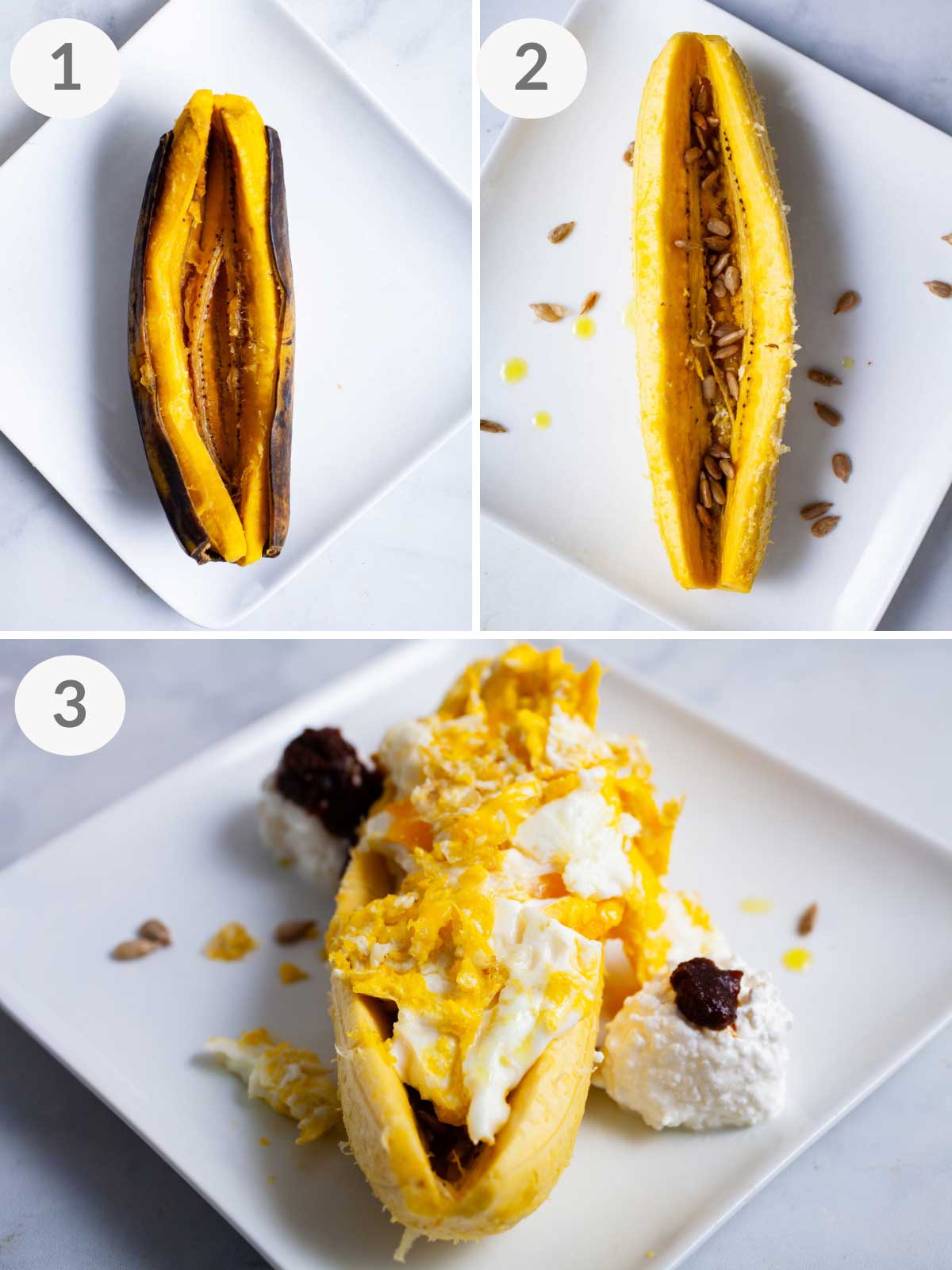 Steps showing how to make a plantain breakfast.