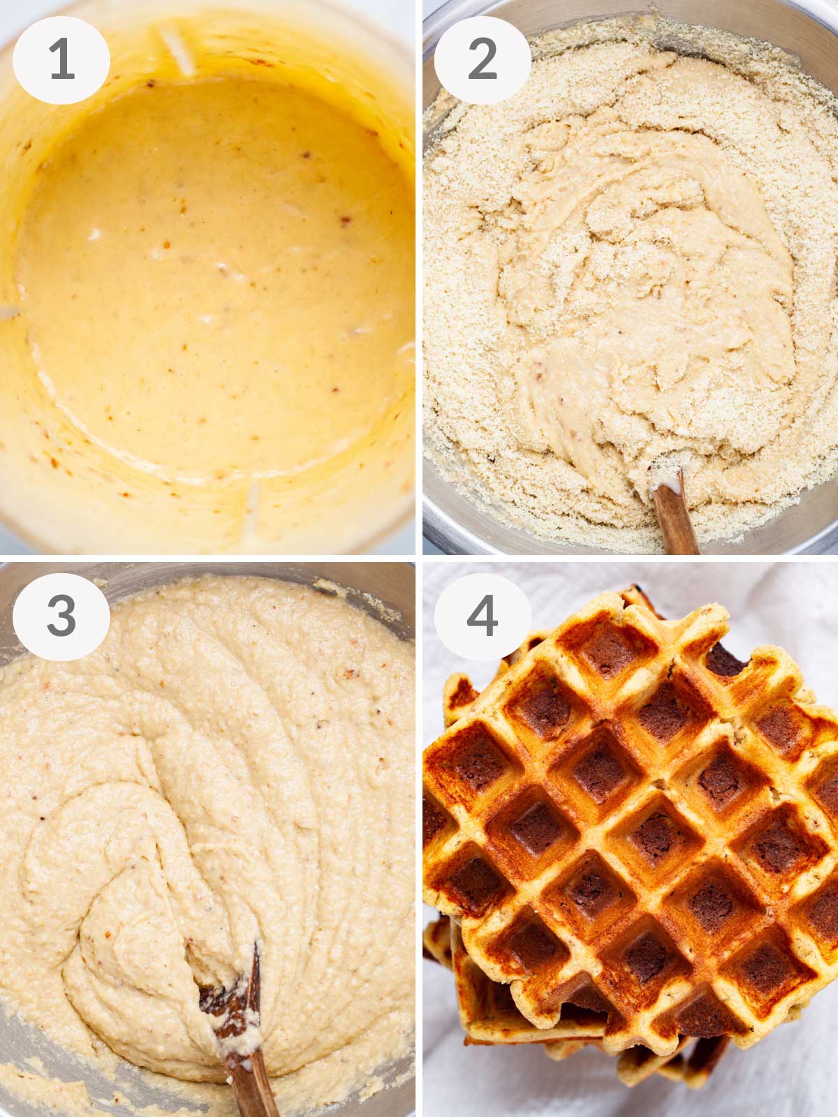 A series of steps showing how to make plantain waffles.