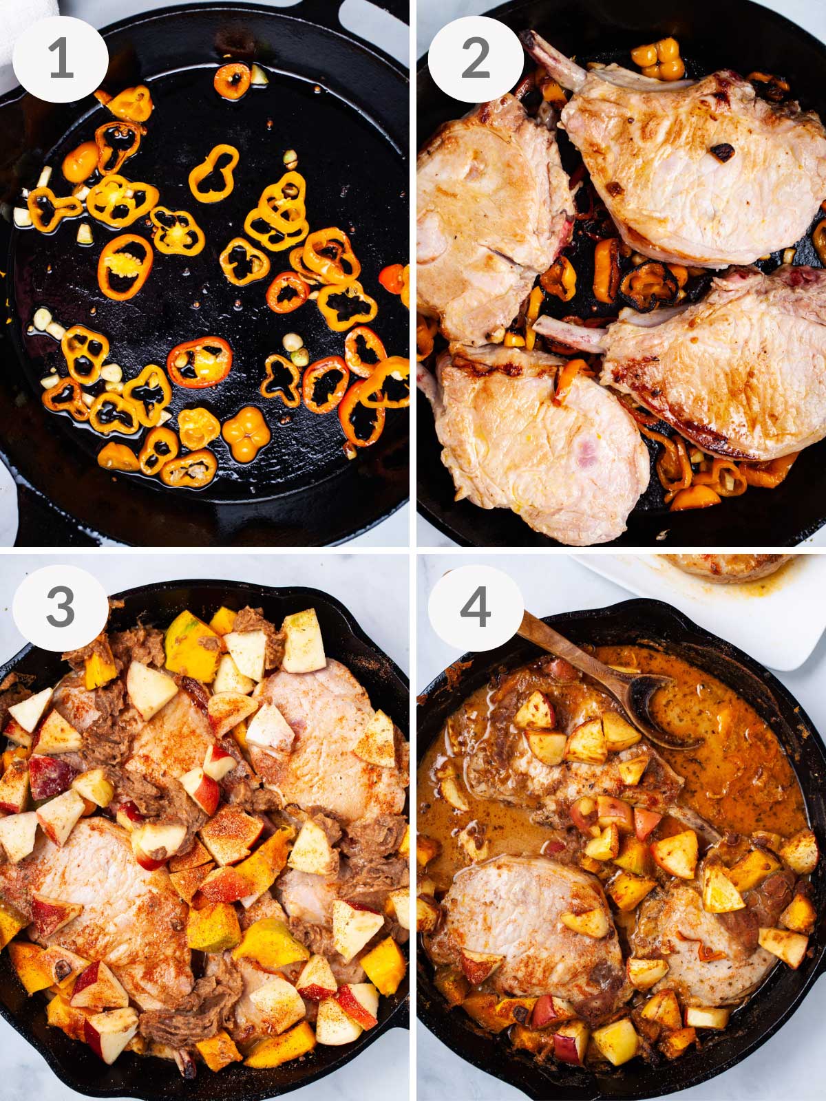 Steps showing how to make apple pork chops in cast iron skillet.