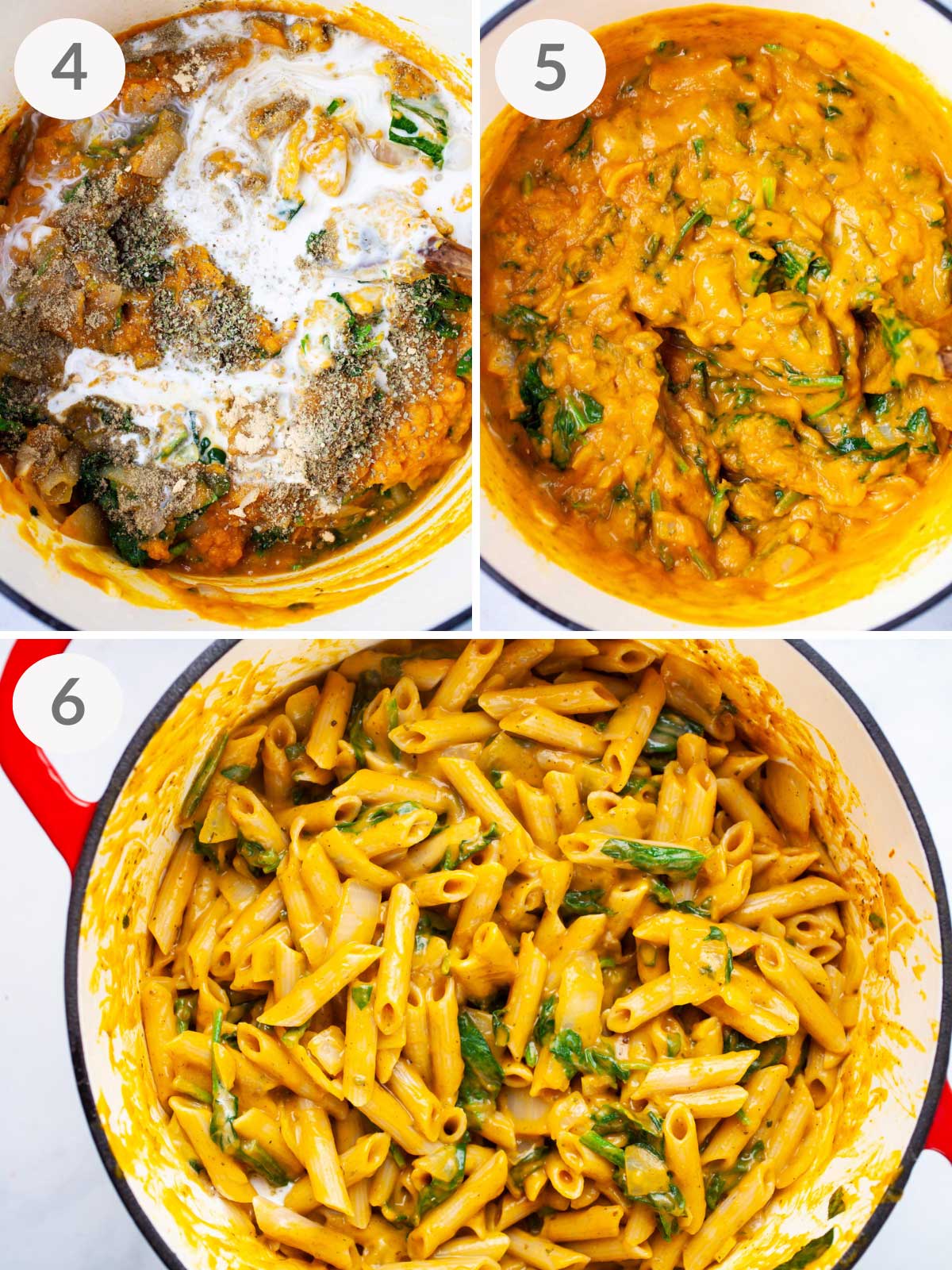 A series of final steps to make a vegan pumpkin pasta sauce with penne noodles.
