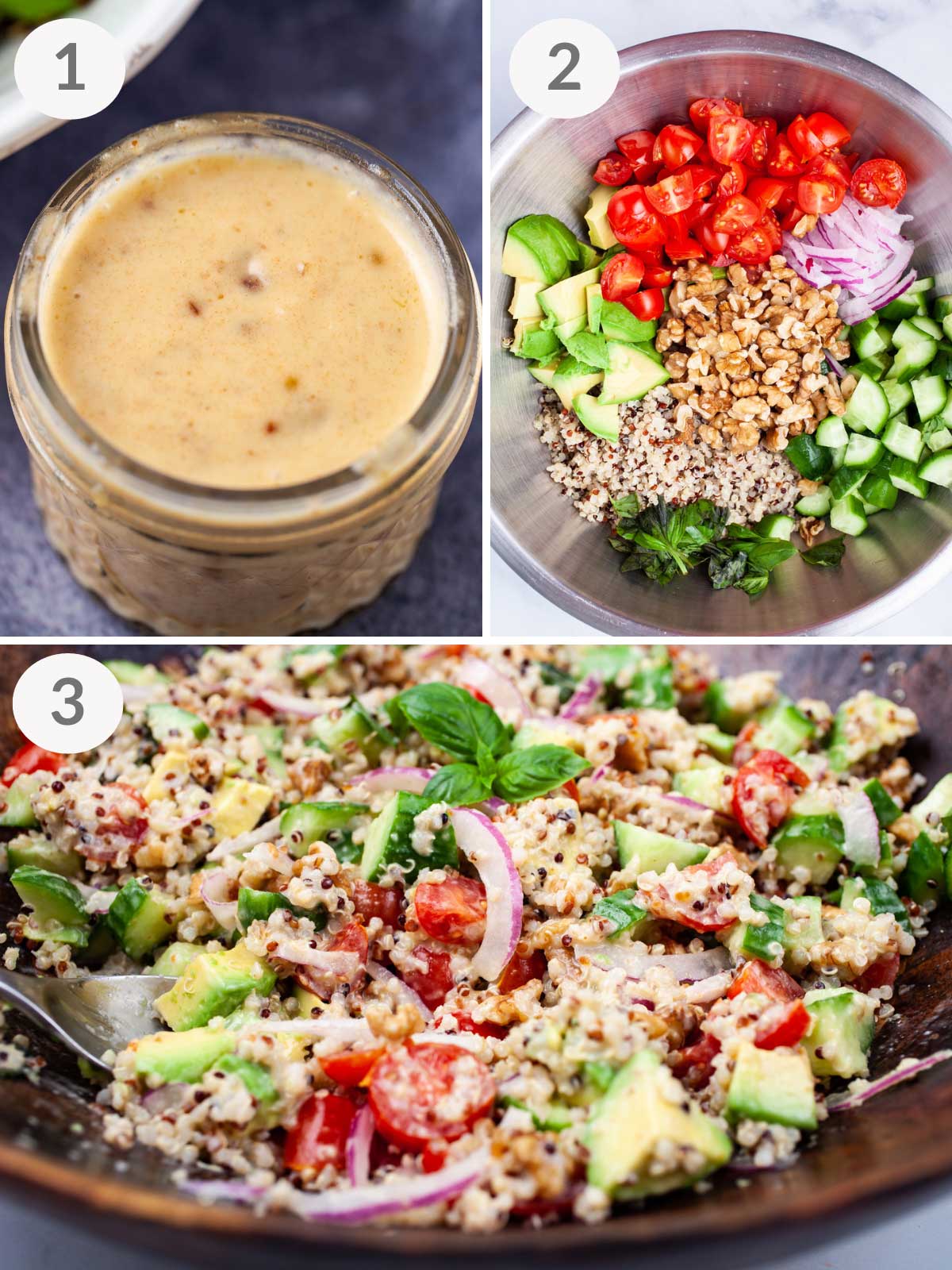 A series of steps showing how to make a cucumber quinoa salad with a lemony dressing.