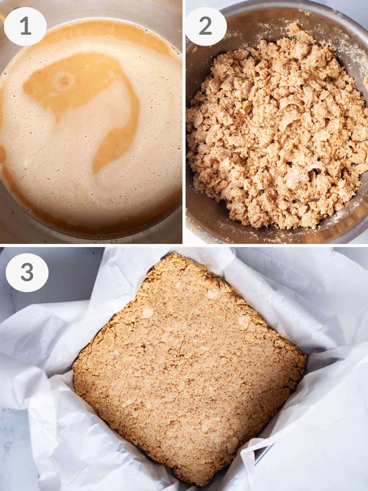 First steps showing how to make almond flour rhubarb cookie bars.