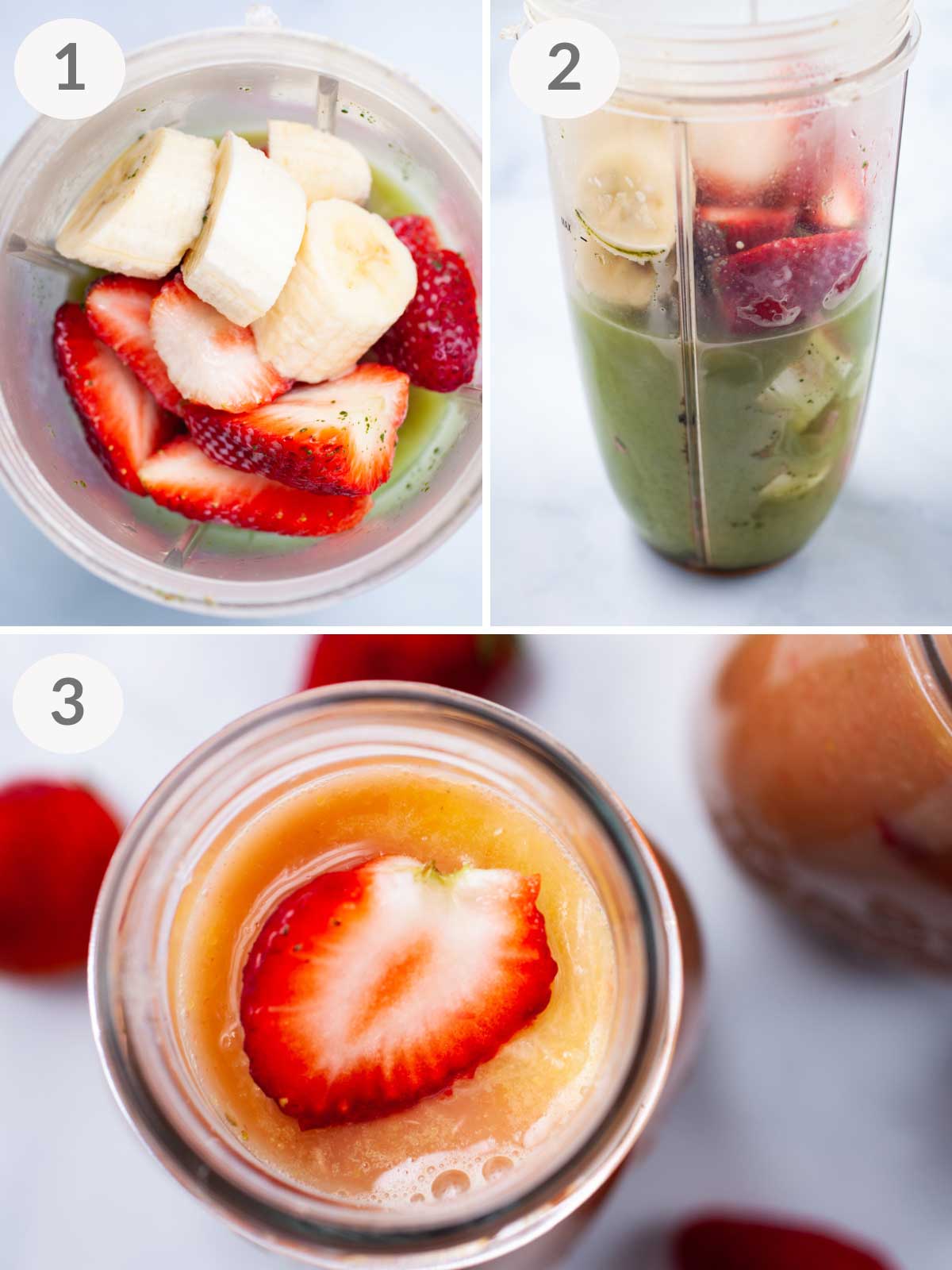 A series of steps showing how to make rhubarb smoothies.