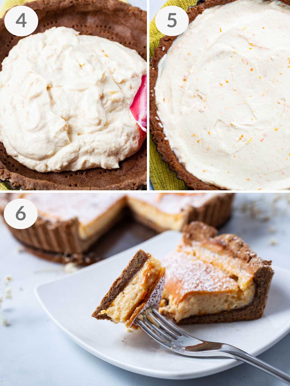 A series of final steps to make a gluten-free ricotta pie.