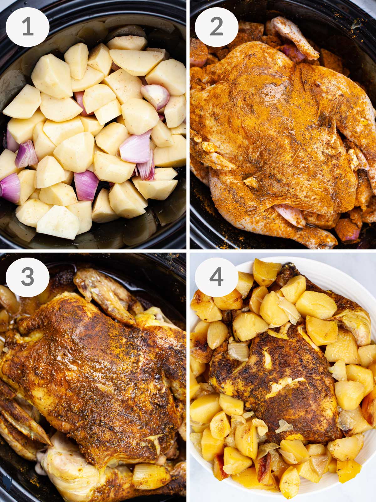 Steps showing how to make a whole chicken with potatoes in the slow cooker.
