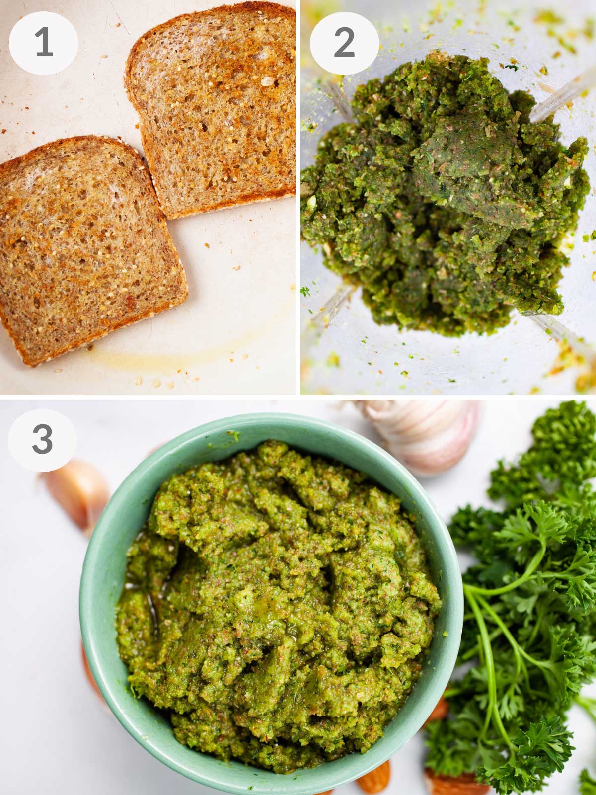 A series of steps showing how to make a Catalan-style pesto picada.